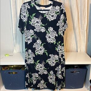 LOFT Navy Blue Floral Swing Dress, Size M